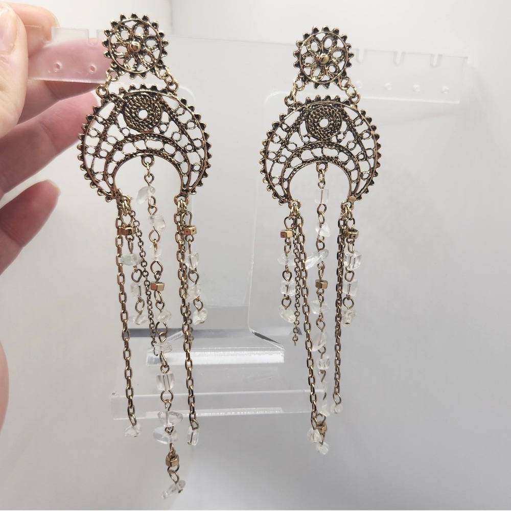 Boho Celestial Filigree Crescent Moon Chandelier Earrings Gold Stone 5.5 in